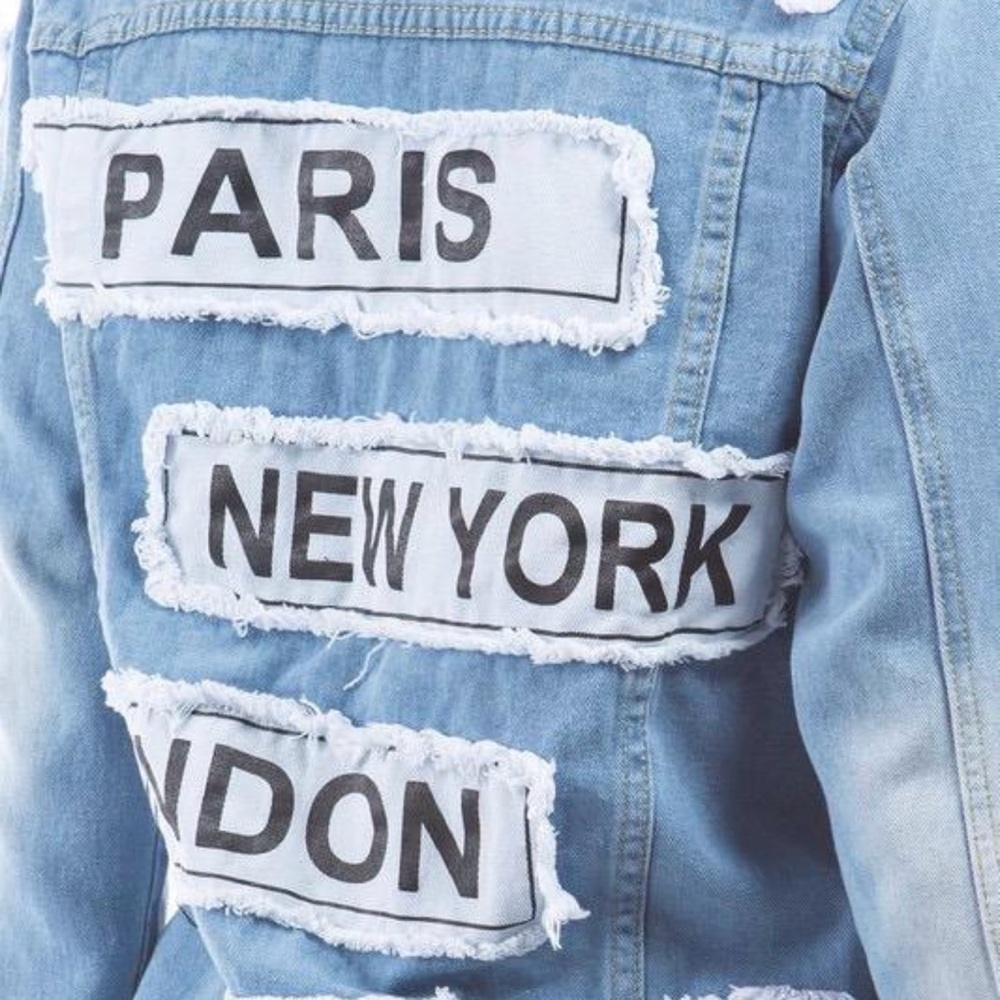 2x distressed Denim Jacket with City Patches - Picture 3 of 5